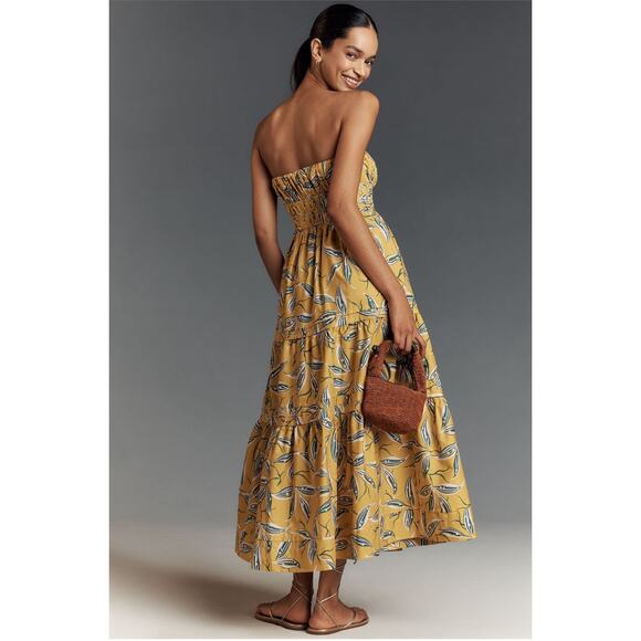 Anthropologie NWT The Somerset Strapless Maxi Dress Yellow Leaf Print L - Picture 2 of 10